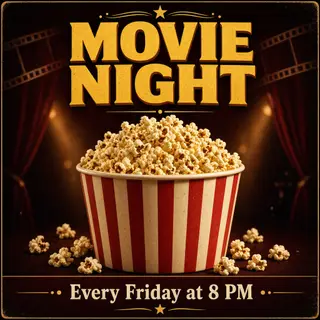 A movie night poster with a large popcorn image in the cente