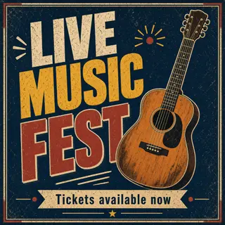 An event poster featuring a guitar illustration, the headlin