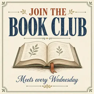 A book club poster with an open book illustration, the title