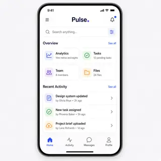 A mobile app UI mockup showing a dashboard with a top naviga