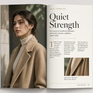 A fashion magazine spread with a full-bleed left-page photo,