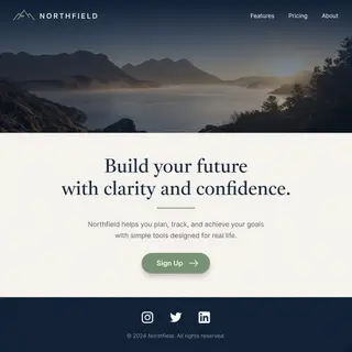 A landing page design with a hero header image at the top, a
