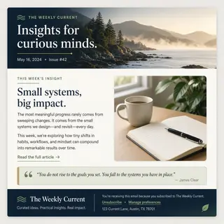 A newsletter layout with a banner image header, a two-column