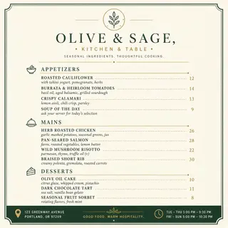 A restaurant menu layout with a logo header, three category 
