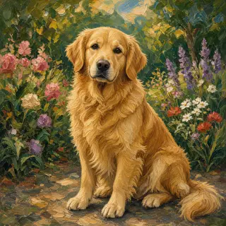 A golden retriever sitting in a garden, painted in the style