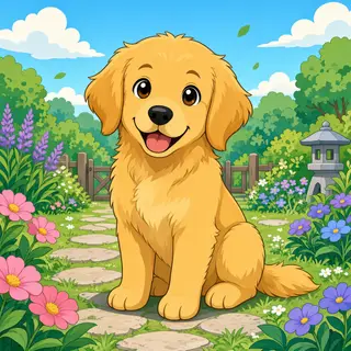 A golden retriever sitting in a garden, rendered in Japanese