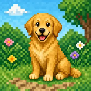 A golden retriever sitting in a garden, rendered in pixel ar