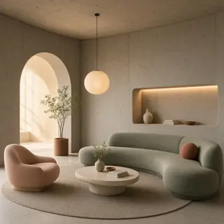 An interior scene rendered in soft brutalism — raw concrete 