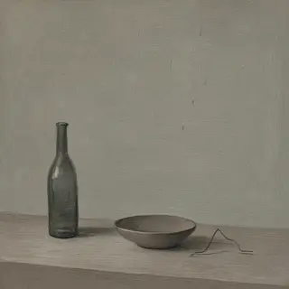 A still life painted in anxious minimalism — sparse composit
