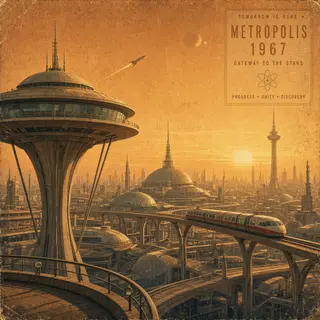A cityscape rendered in nostalgic futurism — retro-futuristi