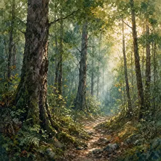 A forest rendered in photorealistic watercolor — the detail 