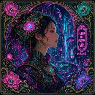 A woman in a futuristic city rendered in cyberpunk Art Nouve