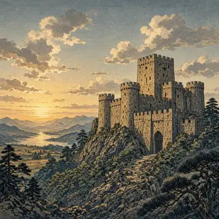 A medieval castle depicted in Japanese ukiyo-e woodblock pri