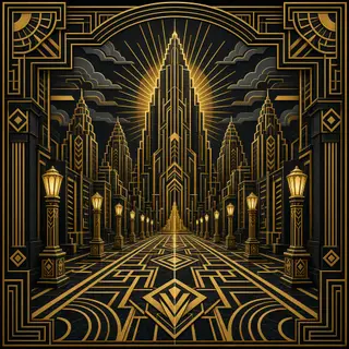 A city street scene in the style of Art Deco — geometric sha