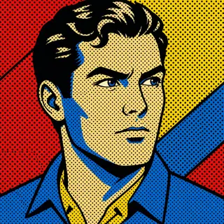 A portrait of a man in Pop Art style — bold outlines, Ben-Da