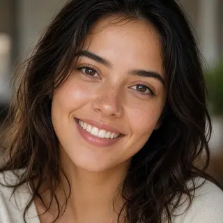 A close-up portrait of a young woman with a warm natural smi