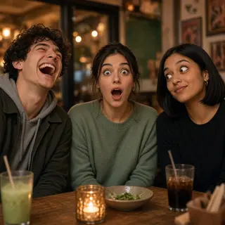 A group of three friends at a table: one laughing with head 