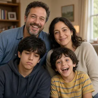 A family photo with four people: a father beaming with pride