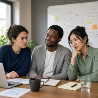 Three coworkers in a meeting: one looking frustrated with fu