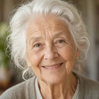 An elderly woman in her 80s with deep wrinkles and white hai