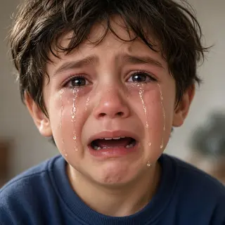 A 5-year-old child with round cheeks and large eyes, crying 