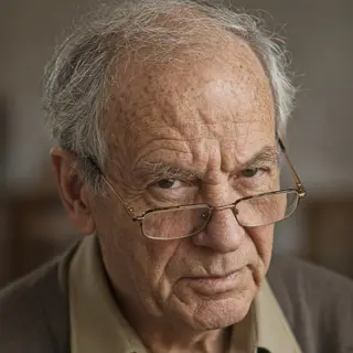 An elderly man in his 70s with age spots and thinning gray h