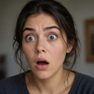 A portrait capturing genuine surprise — raised eyebrows, wid