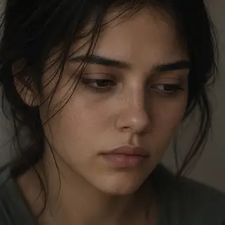 A face showing quiet melancholy — downcast eyes, slightly dr