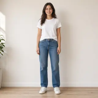 A woman standing upright in a relaxed pose, arms at her side