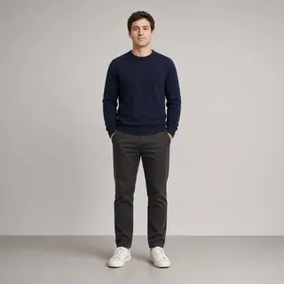 A man standing straight facing the camera, hands in pockets,