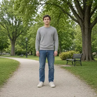 A person standing in a neutral pose in a park, full body vis