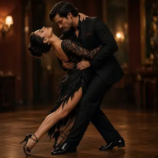 Two tango dancers in a close embrace, the man dipping the wo