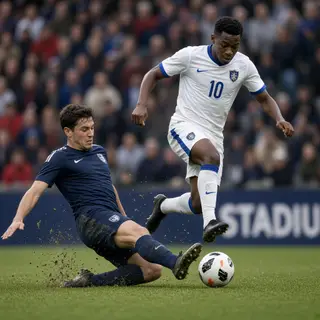 Two soccer players mid-tackle, one sliding and the other jum