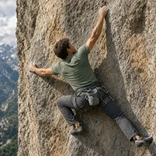 A rock climber clinging to a cliff face with arms and legs e