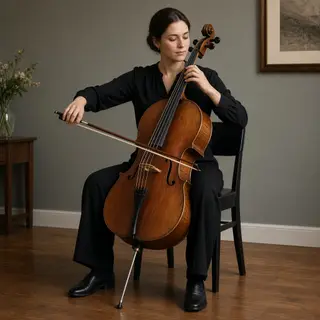 A cellist seated with correct posture, legs around the instr