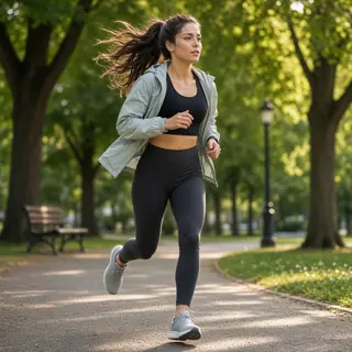A woman mid-stride running through a park, hair and clothes 