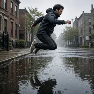 A man captured mid-jump over a puddle, body in the air with 