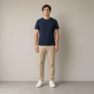 A person standing with both hands visible at their sides, fi