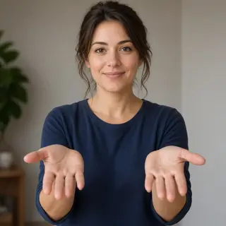 A woman holding her hands out in front of her palms-up, all 