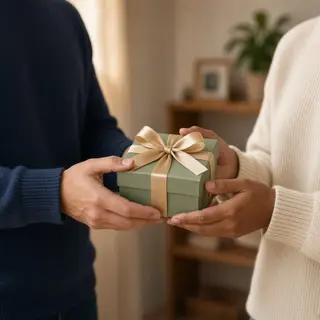 One person handing a small gift box to another person, both 