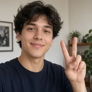 A person making a peace sign with their right hand, clearly 