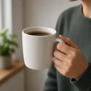 A person holding a white ceramic coffee mug by the handle wi
