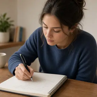 A woman writing in a notebook with a pen gripped correctly i
