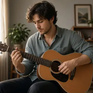 A person playing an acoustic guitar with left hand on the fr