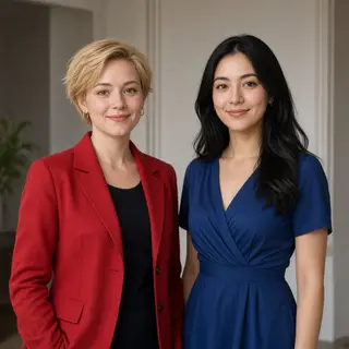 Two women standing side by side: one with short blonde hair 
