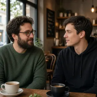 Two men at a cafe: one with a beard and glasses wearing a gr