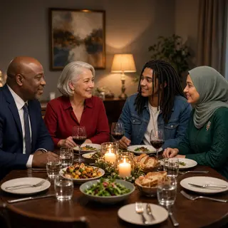 Four people at a dinner table: a bald man in a suit, a woman