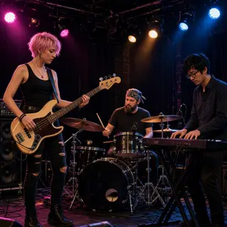 Three musicians on stage: a tall woman with short pink hair 