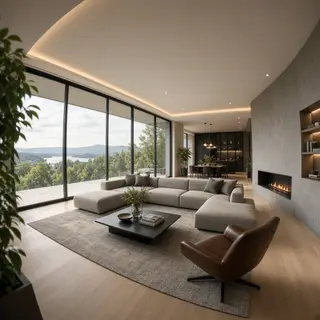 A wide-angle shot of a modern living room interior showing e