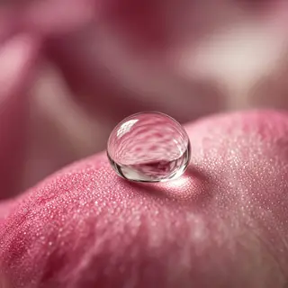 A close-up macro shot of a single dewdrop on a rose petal, s